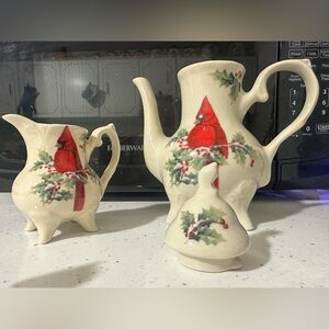 Lily Creek Cardinal Teapot and Creamer Set - Red Cardinal Holiday Design